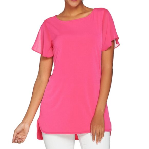 Susan Graver Liquid Knit Top with Sheer Chiffon Cap Sleeves 154 - Picture 1 of 1